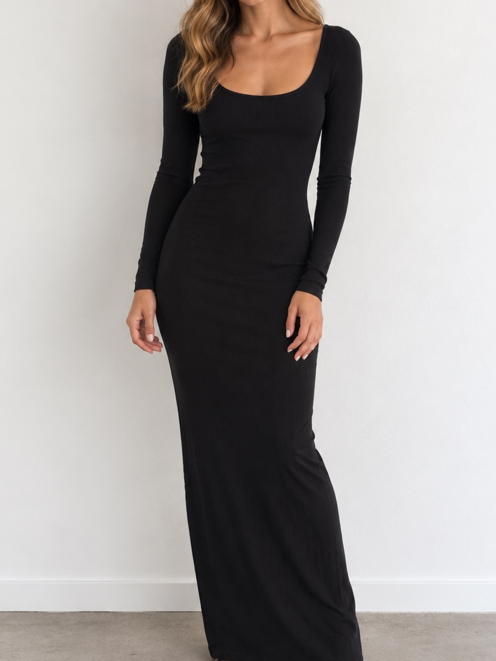 Skims Soft Lounge Black Ribbed Long Sleeve Maxi Dress XXS